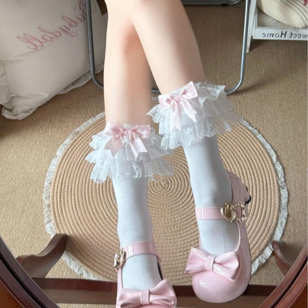Lolita Cotton Socks With Polka Dot Bow Lace For Girls Spring Summer