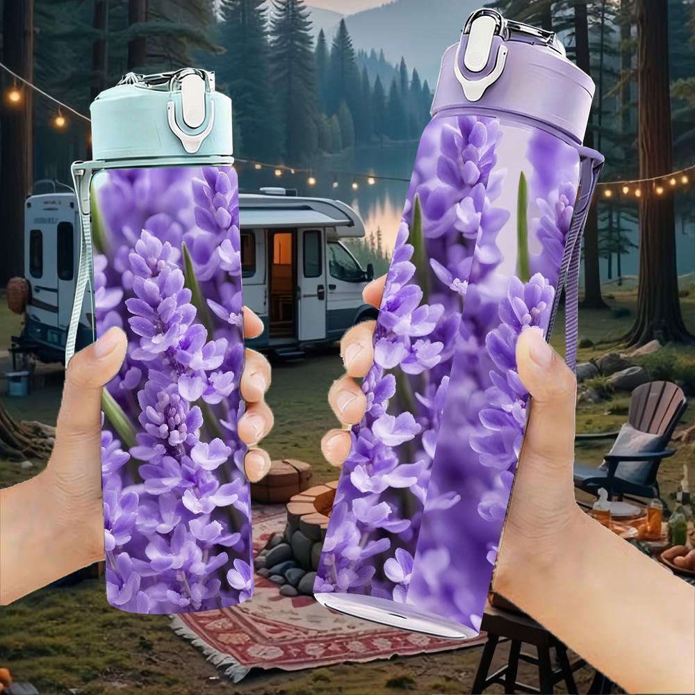 1PC Dense Purple Lavender Field Print 750ml Color Plastic Sports Water Bottle Leakproof Flip Straw Lid Suitable for Sports Office Home Use