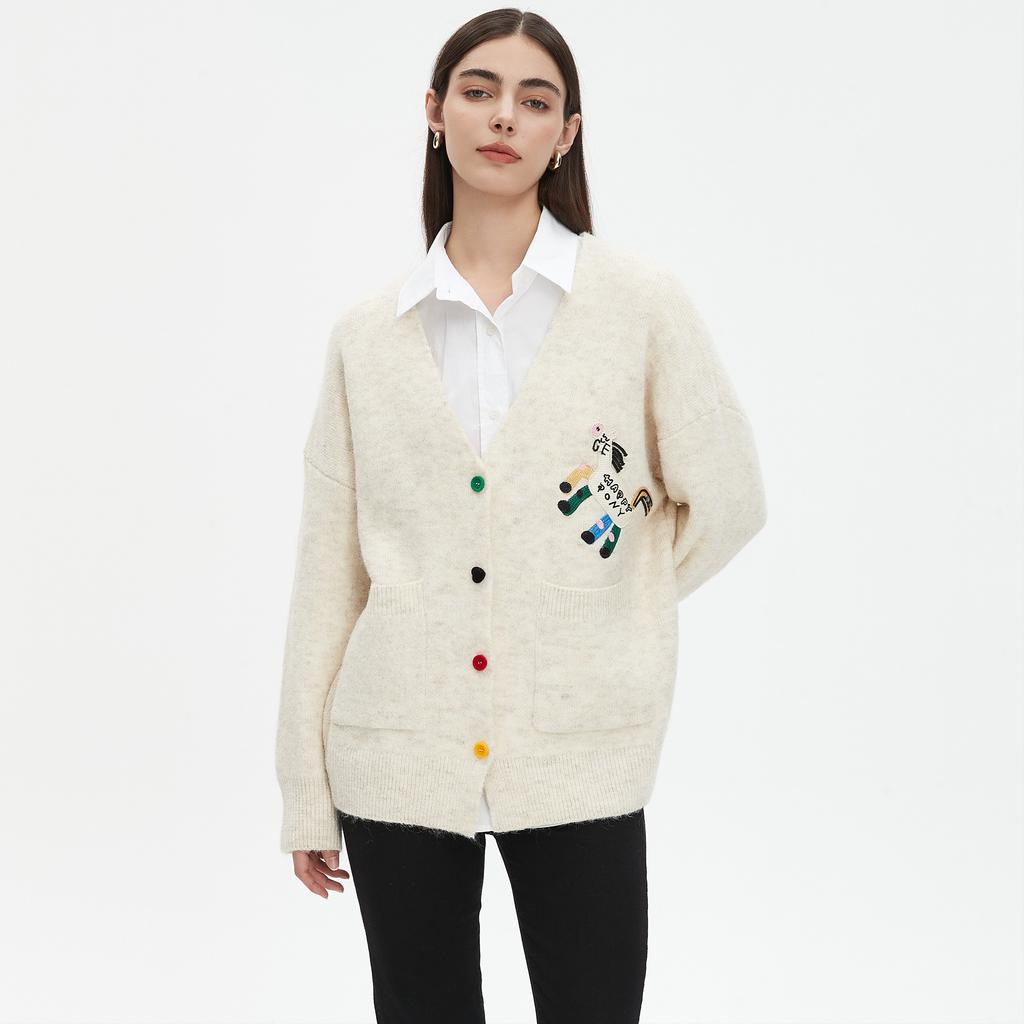 Dimanaf 2025 Sweaters Buttons Embroidery Print Cardigan Autumn Pockets Women Print Sweaters Knitting Loose Sweater