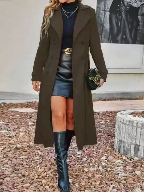 Olive Green Double Breasted Wool Blend Belted Trench Coat