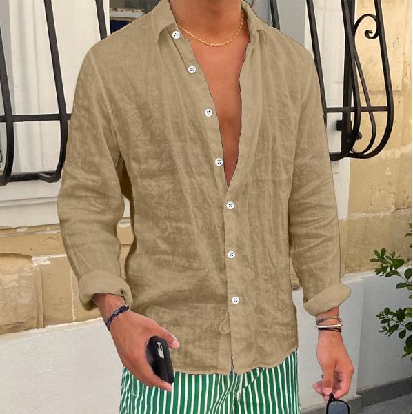 Men's Long Sleeve Linen Beach Shirt - Solid Color, Casual, Turn-Down Collar, Spring/Summer Wear