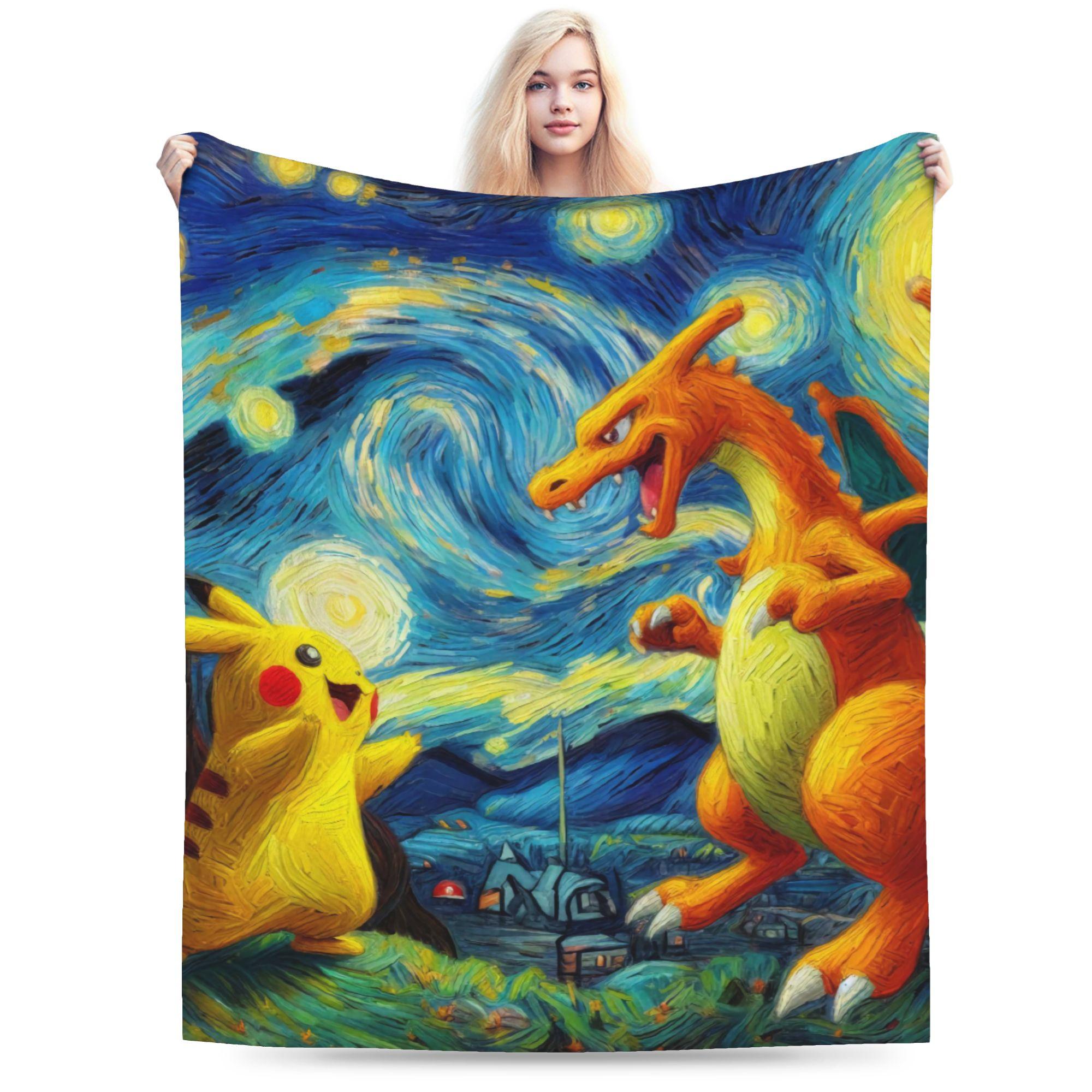 

Pokemon Pikachu Charizard Flannel Blanket Winter Van Goghs oil painting style Super Soft Throw Blanket for Adult Bed Cover 75x100cm (30x40inch)