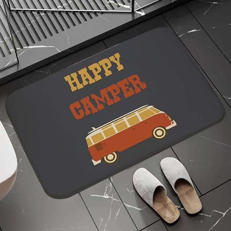 Tappetino per Porta Camper Retrò Happy Camper Tappeto Ingresso Antiscivolo Arancione Camper Vintage Tappeto Decorativo per Pavimento Tema Campeggio Divertente