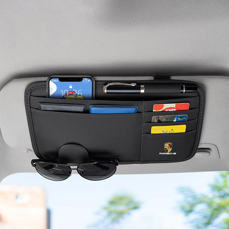 AEKUQ1 1PC Car Sun Visor Multi-function Eyeglasses Clips Card Storage Bag For Porsche Cayenne Panamera Macan 911 718 918 Taycan Boxster
