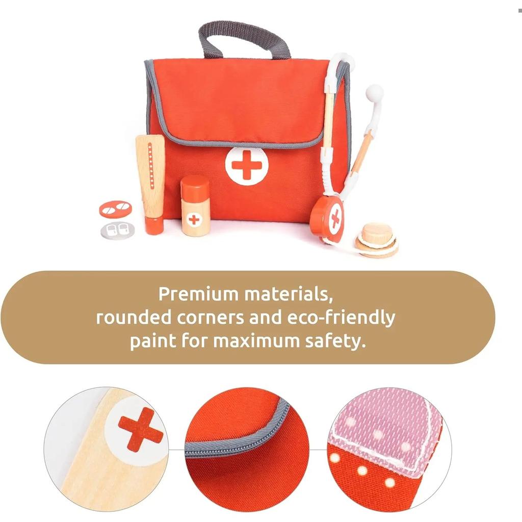 Wooden Pretend Play Red Doctor's Kit Educational Toys for Children Medical Simulation Medicine Chest Set for Kids Role Playing
