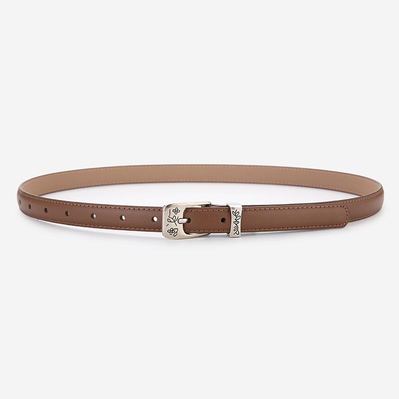 Elegant Women's Two-Layer Genuine Cowhide Leather Belt with Retro Silver Pin Buckle - Thin Decorative Accessory for Pants