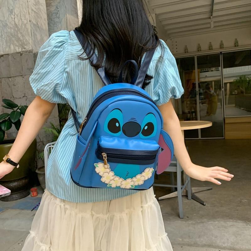 Lilo Stitch Blue Monster Printed Pu School Bag With Inner Card Pocket For Teens