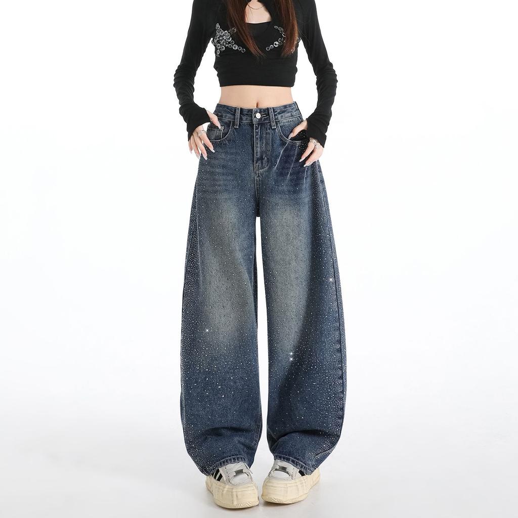 Women's High Rise Wide Leg Jeans Loose Fit Rhinestone Washed Denim Pants Non Stretch Streetwear Long Floor Length Trousers