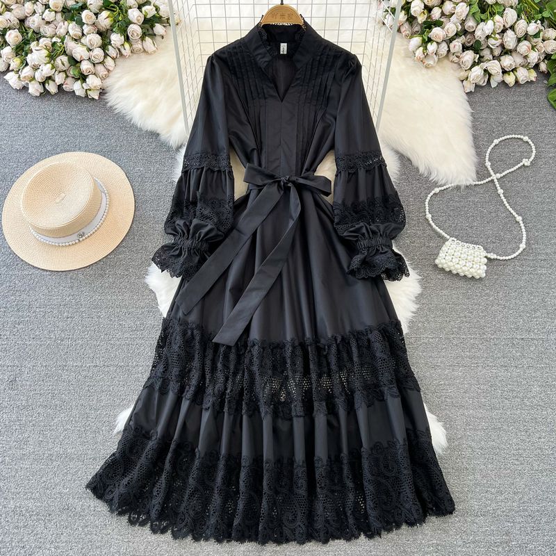 Fashion Socialite Temperament Long Sleeve V Neck Pleated Waist Tight Slim Looking A- line Cut Out Lace Dress Elegance Large Swing Dress