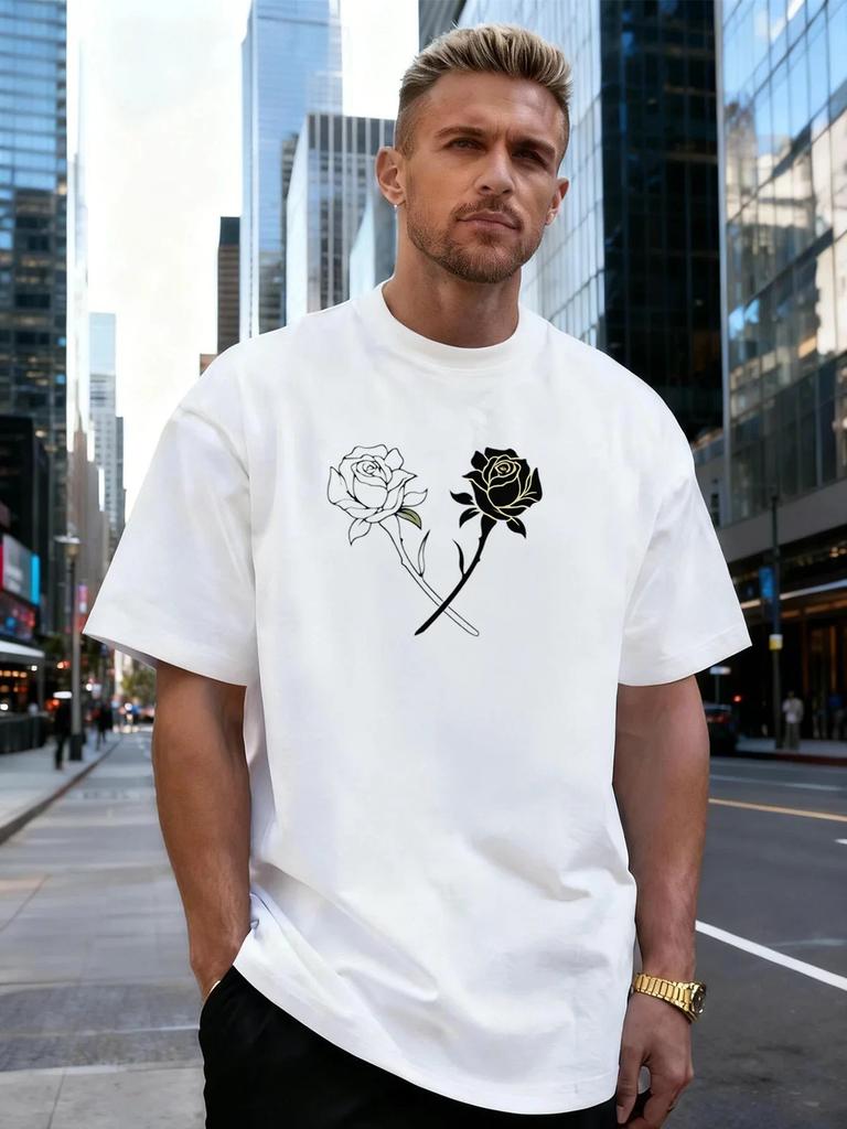Black and White Rose Graphic 100% Cotton Men's T-Shirt, for Daily Streetwear