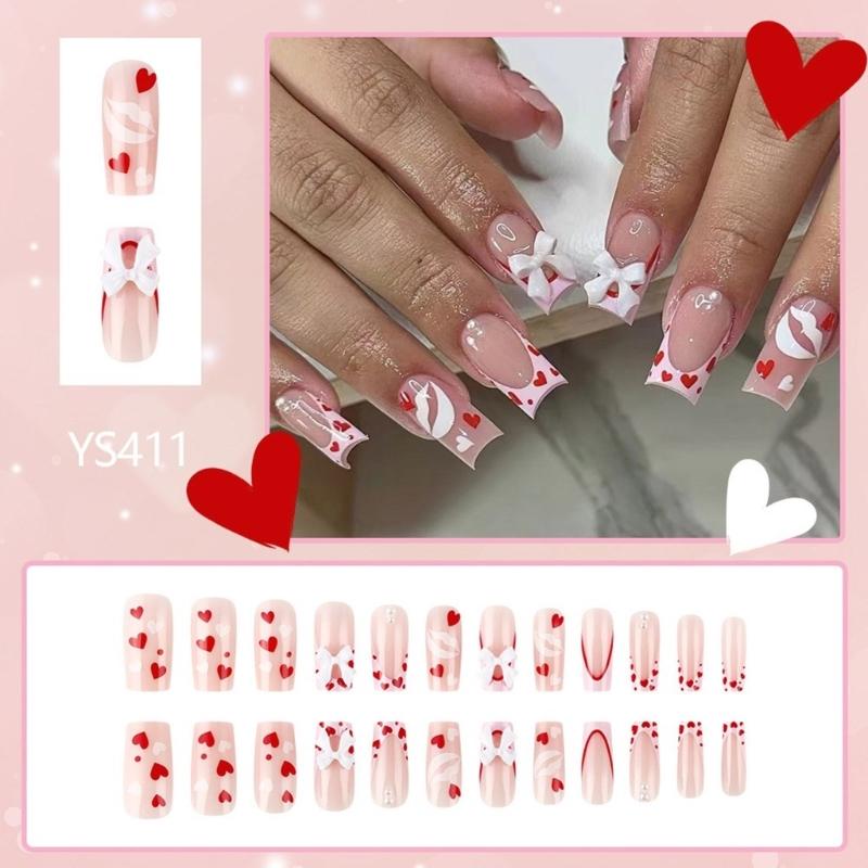 24Pcs Medium Square Stick on Nails with Elegant Bows Charms Press on Nails False Nail Manicure for Special Occasion