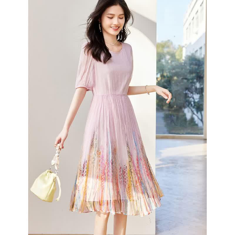 Demana Elegant 100% Mulberry Silk Printed Midi Dress