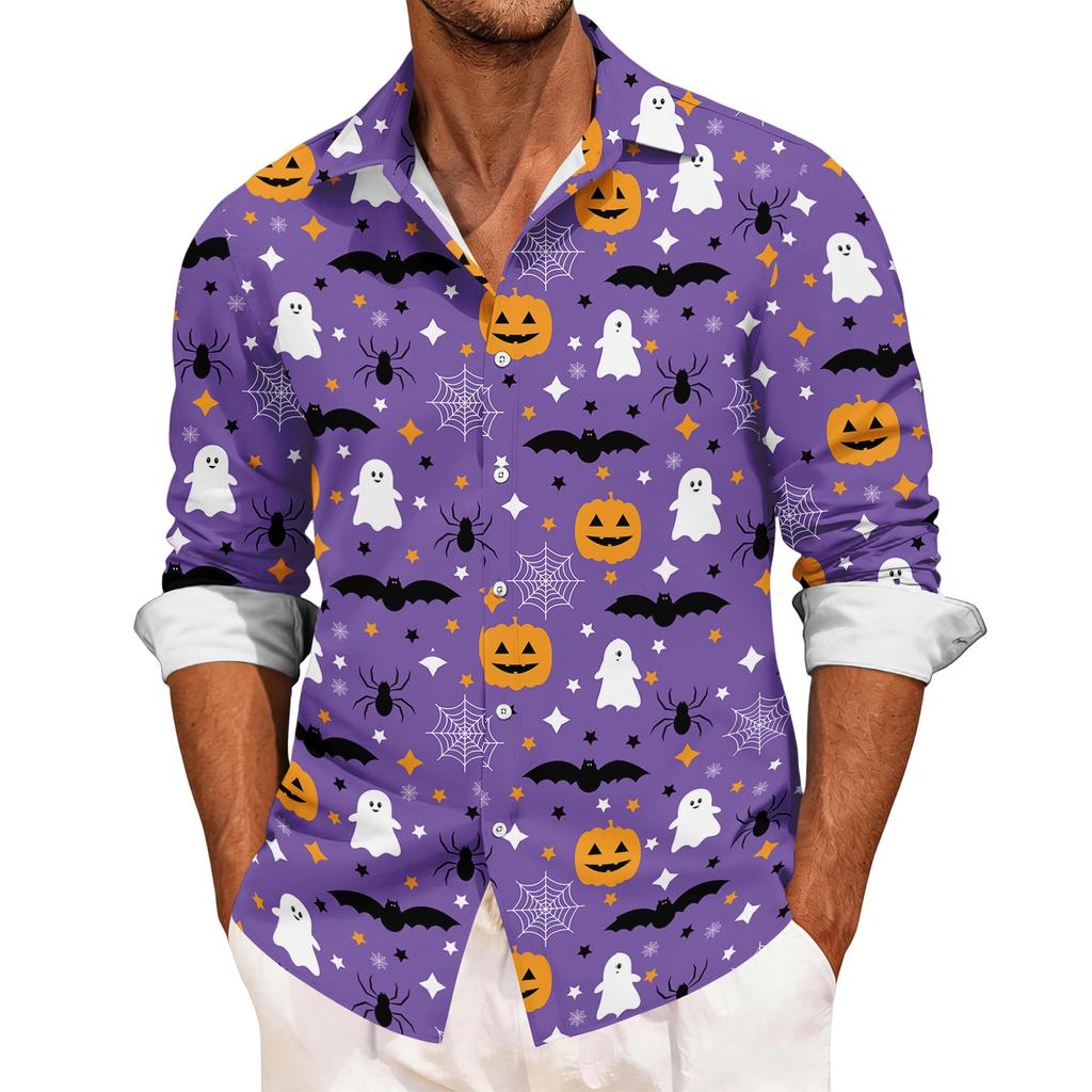 Men's Casual Long Sleeve Shirt with Halloween Print Relaxed Fit Button Down Top for Everyday and Festive Occasions