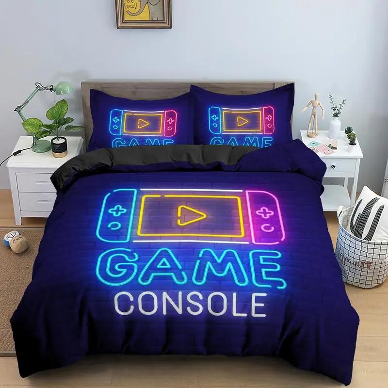 Gaming Gamer Duvet Cover Set Gamepad Bedding Set,Video Game Comforter Cover Neon Gamepad Geometry Brick Wall Design Quilt Cover