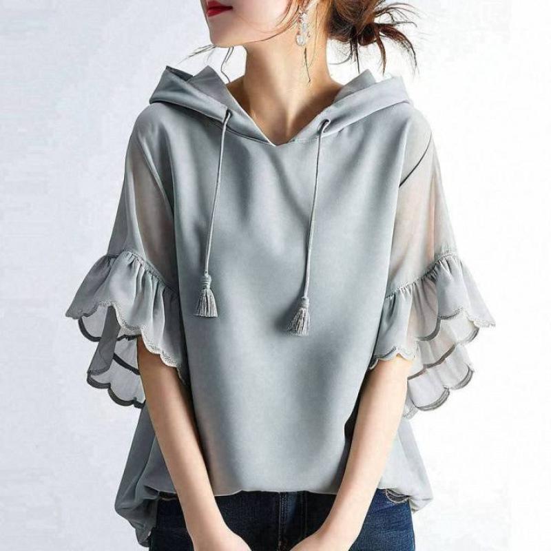 Summer 2026 New Arrival: Hooded Patchwork Bell-Sleeve Embroidered Top Large