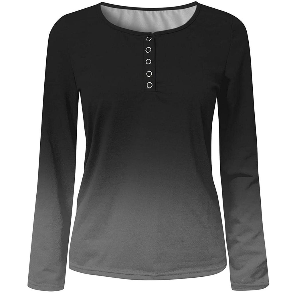 Women's Fashion Long Sleeve Gradient Button Low Chest Sexy Pullover T-Shirt Top