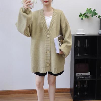 Medium and Long Solid Color V-neck Knitted Cardigan Autumn and Winter New Loose Casual Versatile Sweater Jacket Women