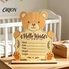 Personalized Baby Name Plaque Wooden Birth Announcement Sign, Cute Bear Hello World Newborn Welcome Sign Nursery with Stand, Plaques for Photo