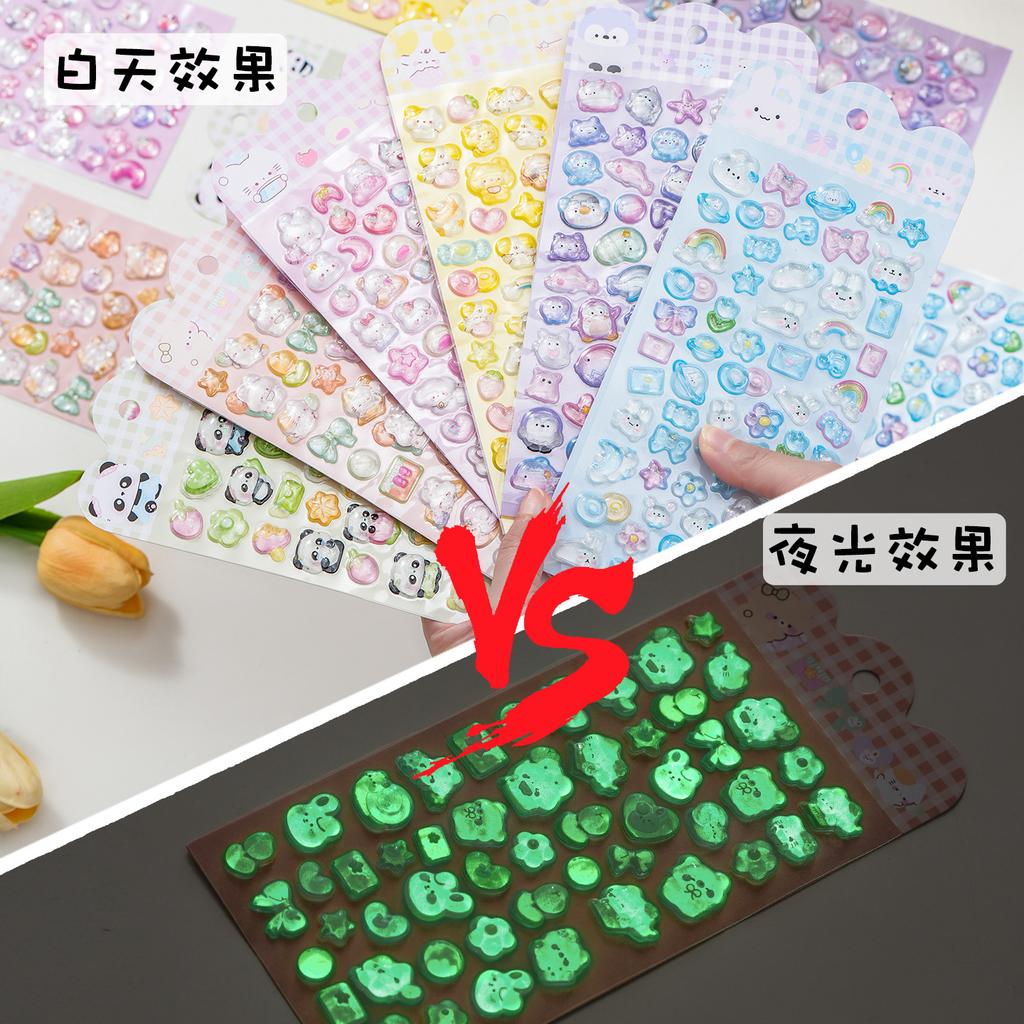 Glow In Dark 3D Embossed Sticker Cartoon Kids Decal for Phone Case Decor Crystal Diamond Japanese Style Assorted Color