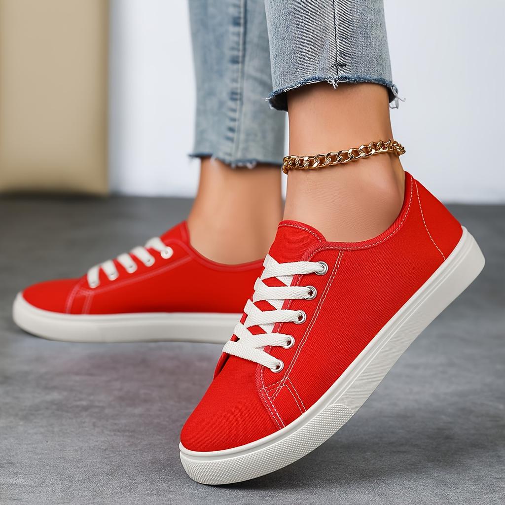 Women's Vibrant Red Faux Cover Sneakers - Slip-Resistant Arch Support Soft  Low-Top Design with White Laces - All-Season Casual Sneakers for Sports