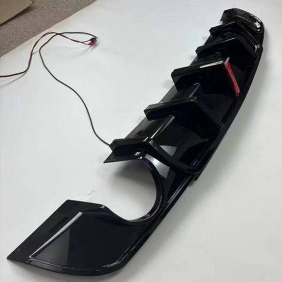 Compatible Chrysler 300C SRT Rear Lip & Diffuser with Square Headlights & Vertical Strip Lights, Glossy Black Carbon Fiber Finish.