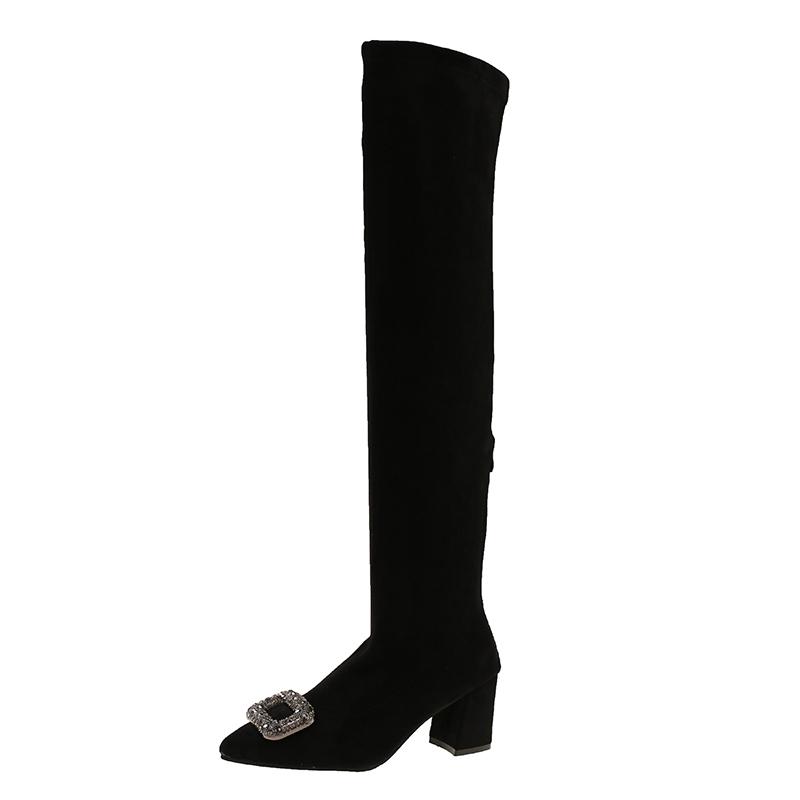 Autumn Over The Knee Boots 2025 Women s Square Button Rhinestone Block Heel Mid Heel Stretch Tall Boots 42 4000₽