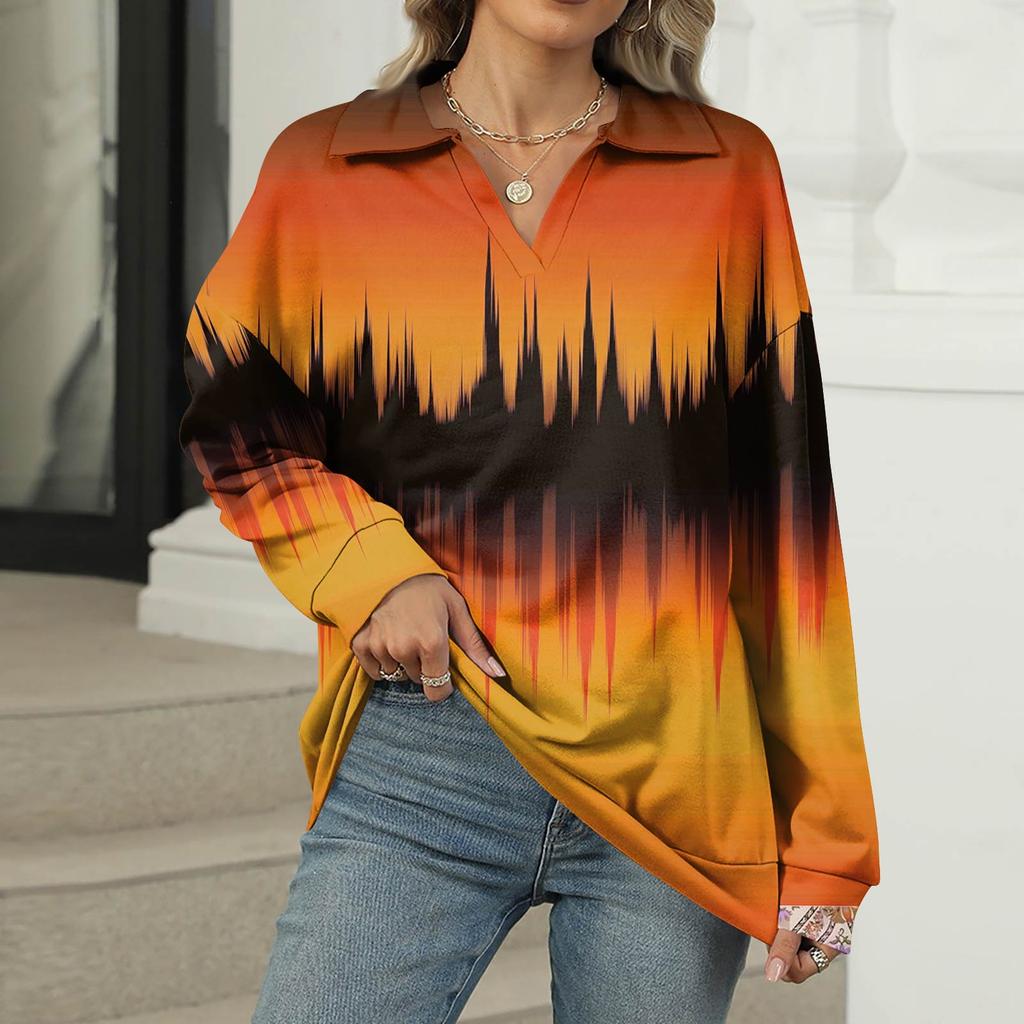 Women's Summer Fashion Casual  Printed V-Neck Long Sleeve Shirt Top