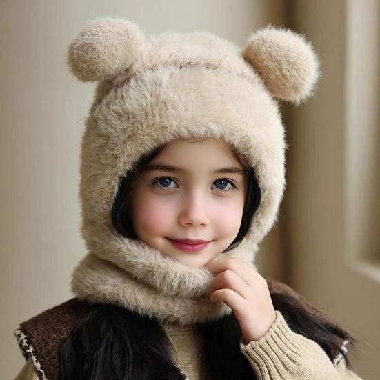 Children Hat with Face Guard Double Plush Ball Decor Solid Color Windproof Ear Protection Baby Hat Woolen Knitted Hat