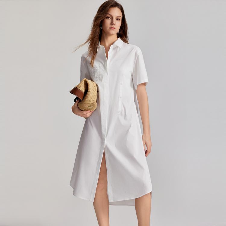 ELLE Solid Color Mid-Length Simple Elegant Lapel Short Sleeve Dress Women dresses White EL48029