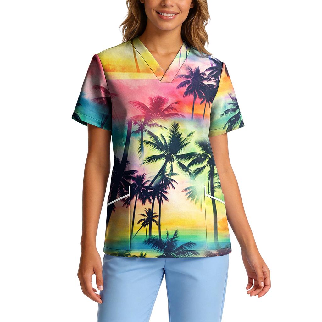 Women's Stretch Quick-Dry V-Neck Short Sleeve Workwear Top with Hawaiian Print & Pockets