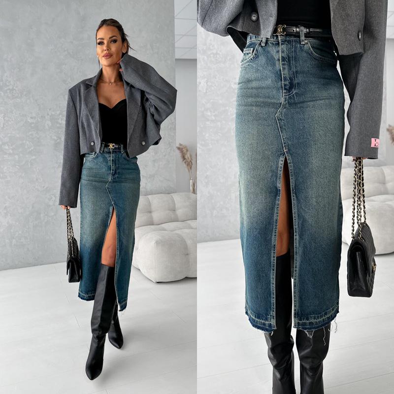 High Waist Washed Denim Slit Skirt - Slim Fit, Mid-length Retro Style for Women