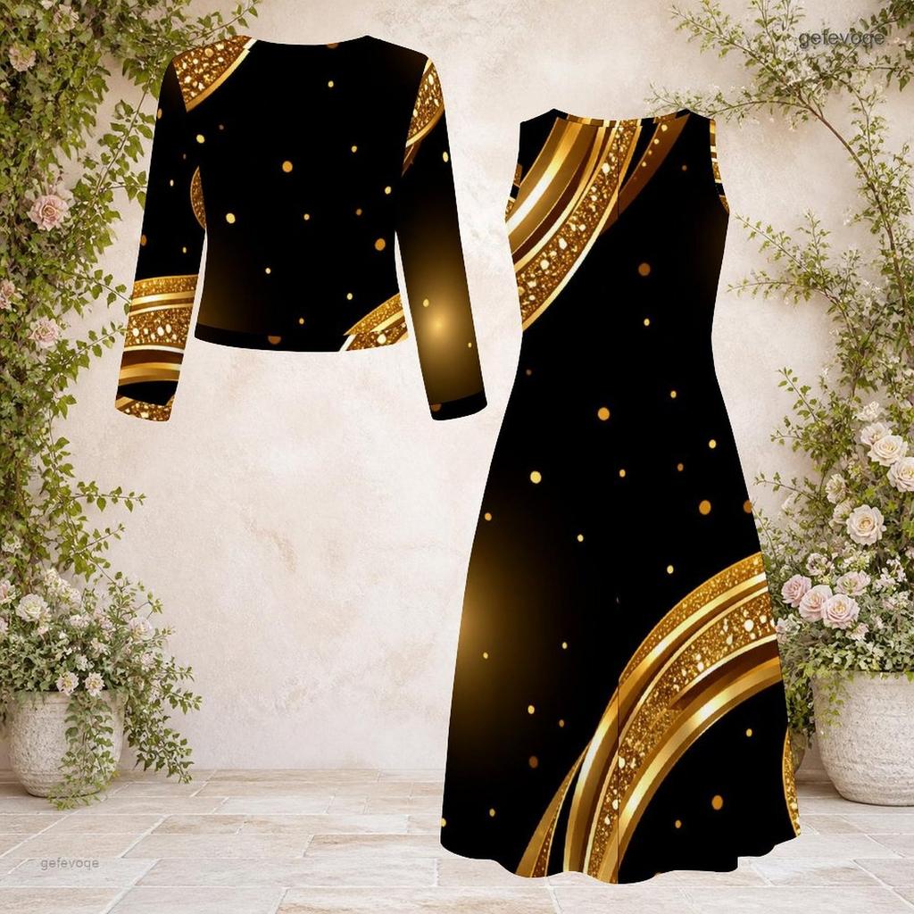 Women Plus Size Black Gold Printed Round Neck Long Sleeve Cropped Cardigan Two Piece Dress Set