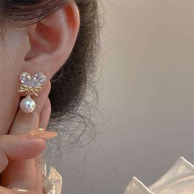 Sladká elegantní móda love bowknot perla drahokamu visící náušnice pro ženy dívka dárkové šperky velkoobchod