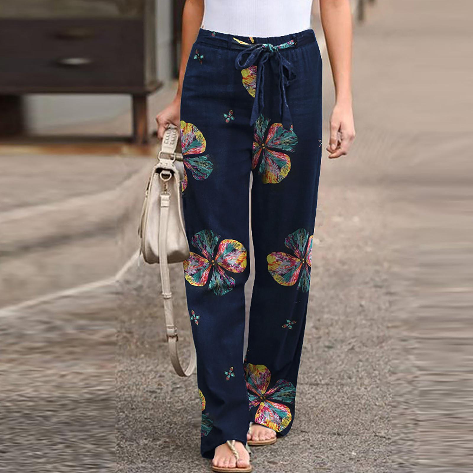 Women s Summer Casual Fashion Print Elastic Waist Lace-up Stitching Loose Cotton Linen Pants XXL