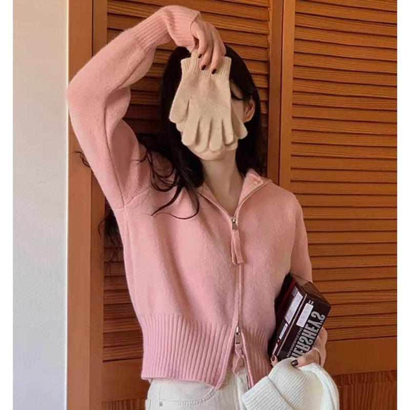 

QICED Женский вязаный кардиган с капюшоном и двойной молнией, свободный свитер в стиле вестерн, пальто для женщин, осень-зима Uniform size розовый