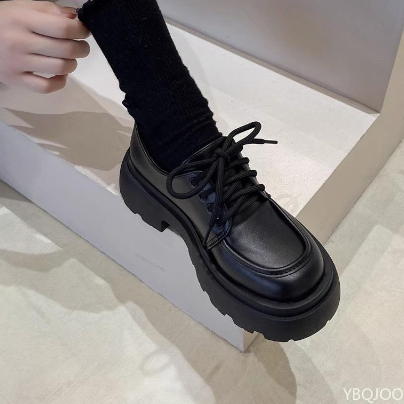 Fashion Women's flat shoes autumn black fashionable comfortable leather shoes lace up outdoor casual versatile women's shoes