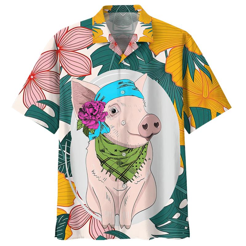 Cartoon Schwein Muster Hawaiihemd für Herren 3D Gedruckte Tiere Kurze Ärmel Sommer Revers Übergroße Hemden Street Button Blusen