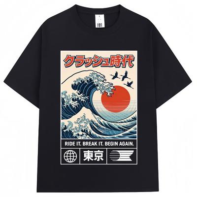 Camiseta Gráfica Estilo Japonés Ola de Hokkaido Tokio Hombres Mujeres Moda Harajuku Vintage Alta Calidad Camisetas Camiseta de Algodón Holgada