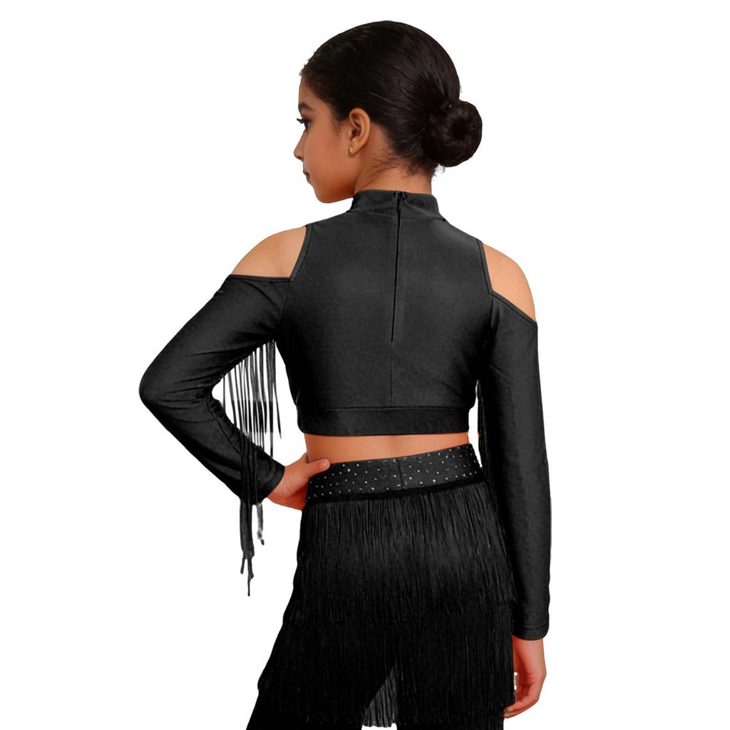 Girls Latin Dance Tops Tassels Long Sleeves Back Invisible Zipper Shiny Rhinestones Crop Top