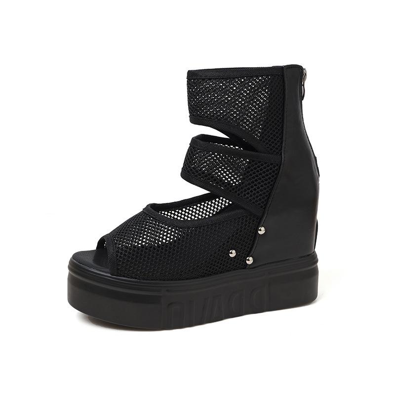 Muffin slope heel cool boots women's summer new thick-soled net boots fish mouth mesh water table high-heeled sandals women