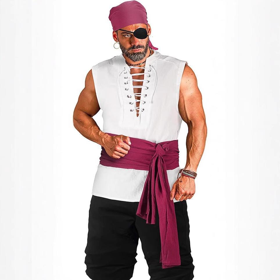

2 Piece Halloween Men s Renaissance Pirate Costume Set Medieval Pirate Shirt Perfect For Halloween Dress Up XXL