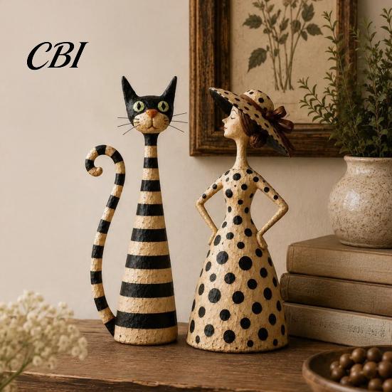 Unique Gifts for Cat Lovers 2Pcs Vintage Lady And Sculptures Set, Resin Striped Figurine, Retro Elegant Desktop Decorations Statue with Polka