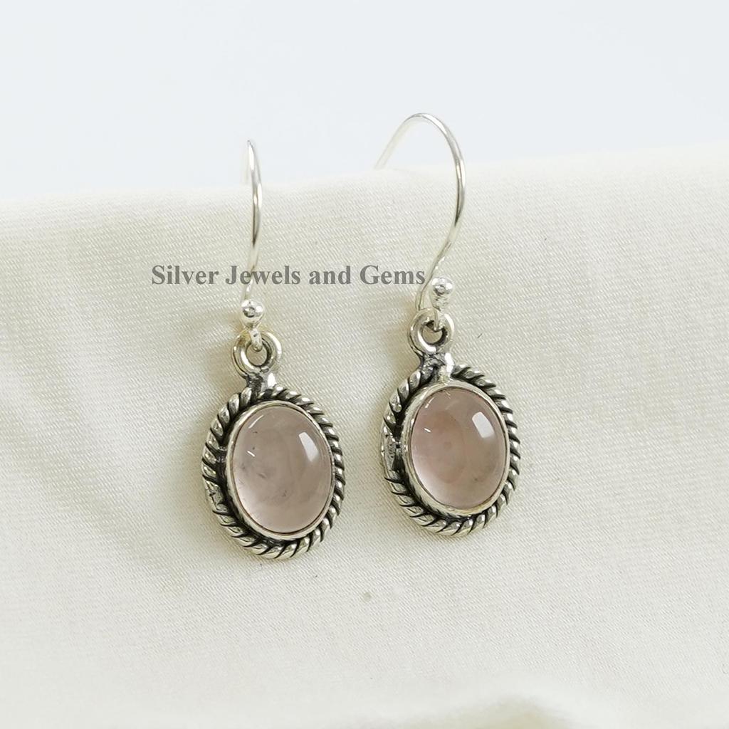 Natural Rose Quartz Earring, Oval Gemstone Earring, 925 Sterling Silver Earring, Gift for Girls, Capricorn Birthstone, Handmade Earring