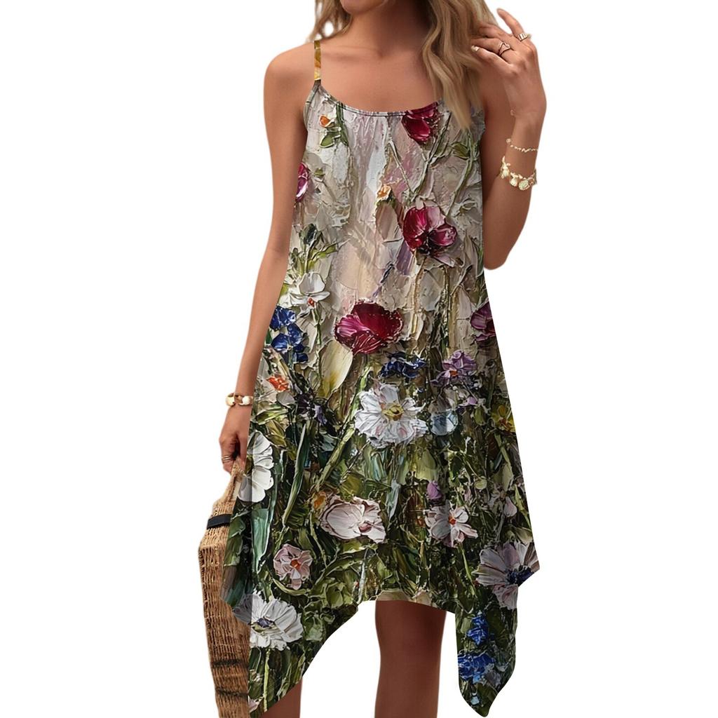 Dam sommar vardaglig vintage blommig tryck rund hals justerbar hängselklänning med fickor