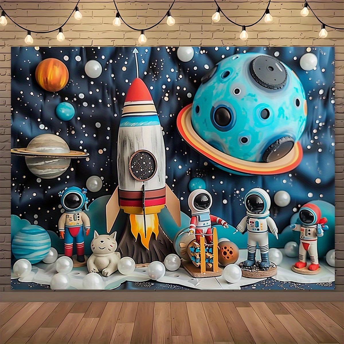 One banner for a space astronaut rocket party - vibrant cartoon space-themed background 100x150cm