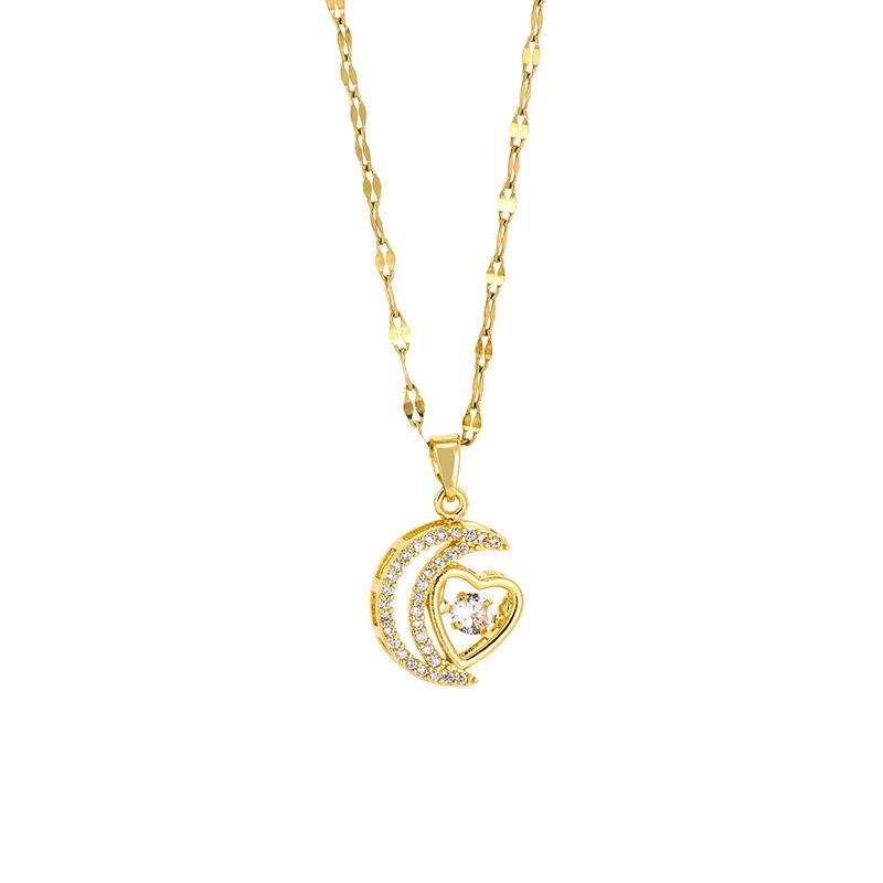 Lively Heart & Moon Necklace - Women's Rose Gold Korean Design, Non-fading Collarbone Chain with Love Pendant