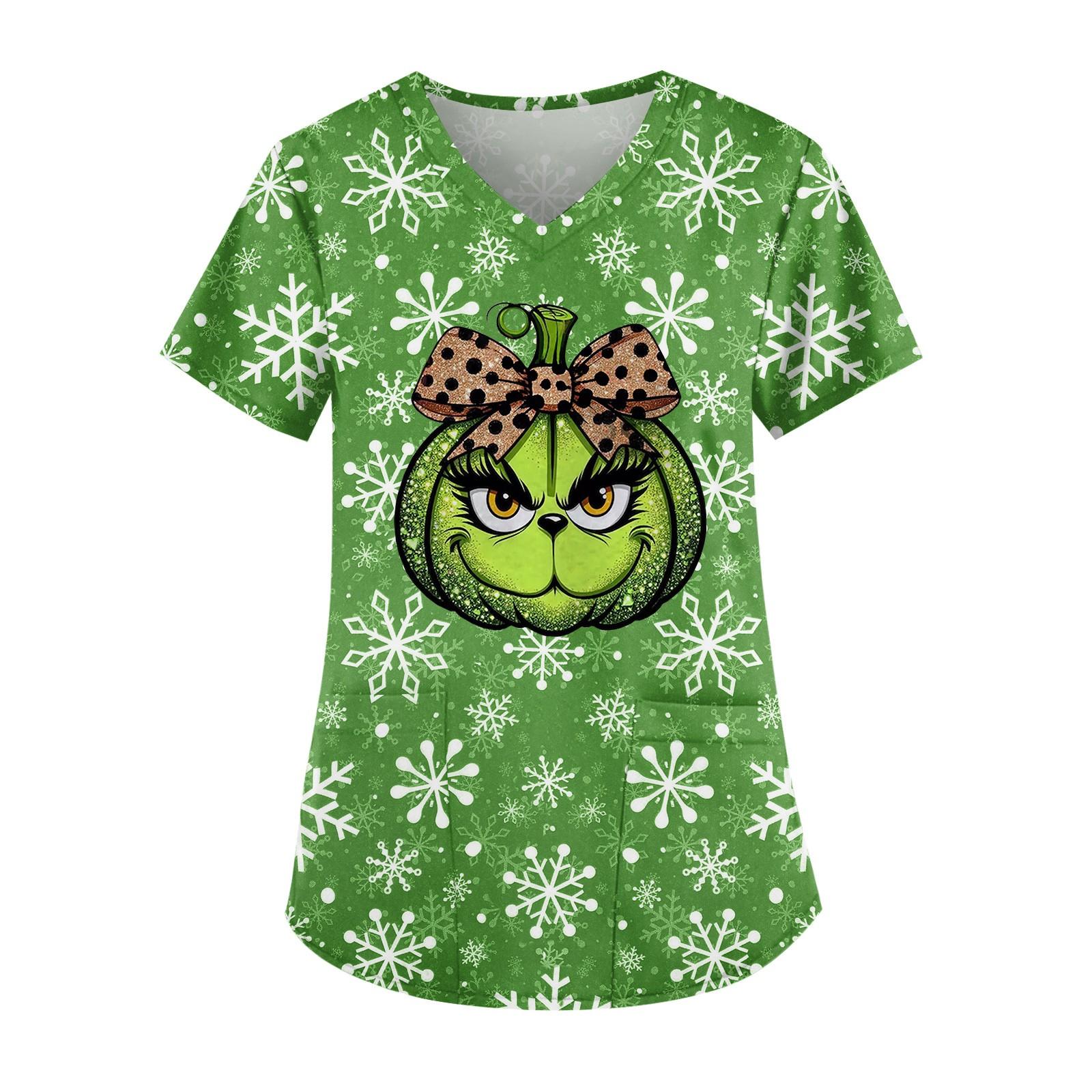 

Women s Cute Printed Work Clothes V-neck Double Layer Pockets Basic Short Sleeve Top Pullover Christmas XL