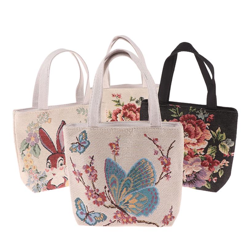 Embroidery Canvas Bag Cute Butterfly Rabbit Peony Tote Bag Small Shoulder Traveling Pouch Handbag Grocery Storage Bag