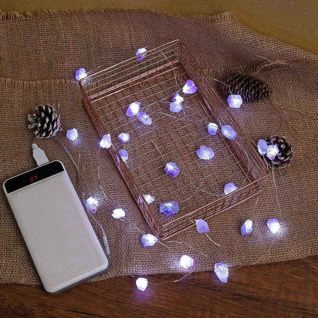 Natural Amethyst Decorative Lights Crystal String Lights Raws Stones 30 LEDs With Remote Control, Hanging Reikis Ornaments