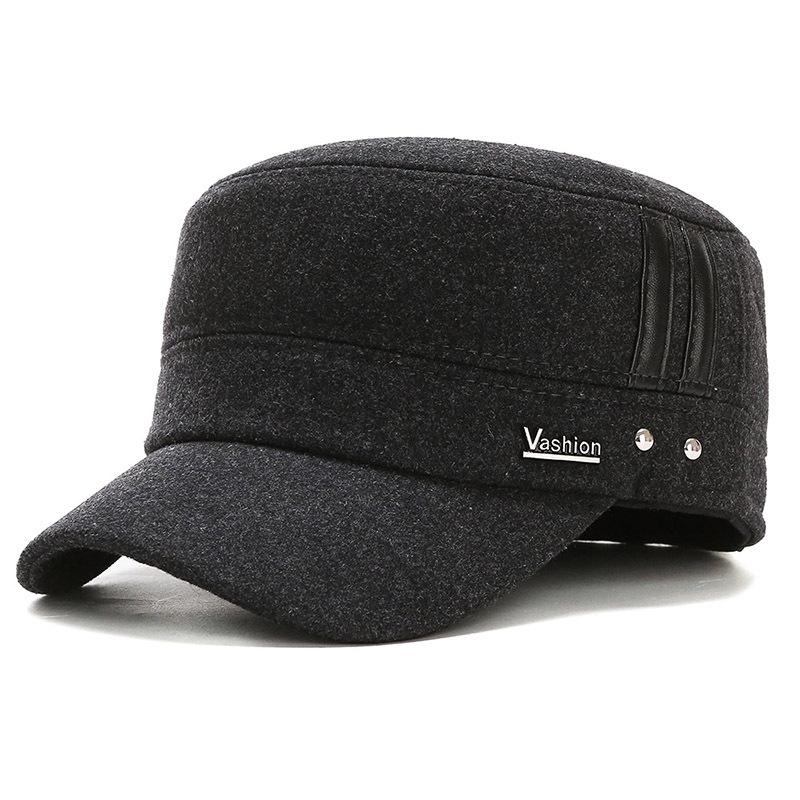 Woolen Ear Protection Peaked Cap, Letter Fashion, Warm and Cold-proof, Flat Top Middle-aged and Elderly Peaked Cap, Autumn and Winter Models